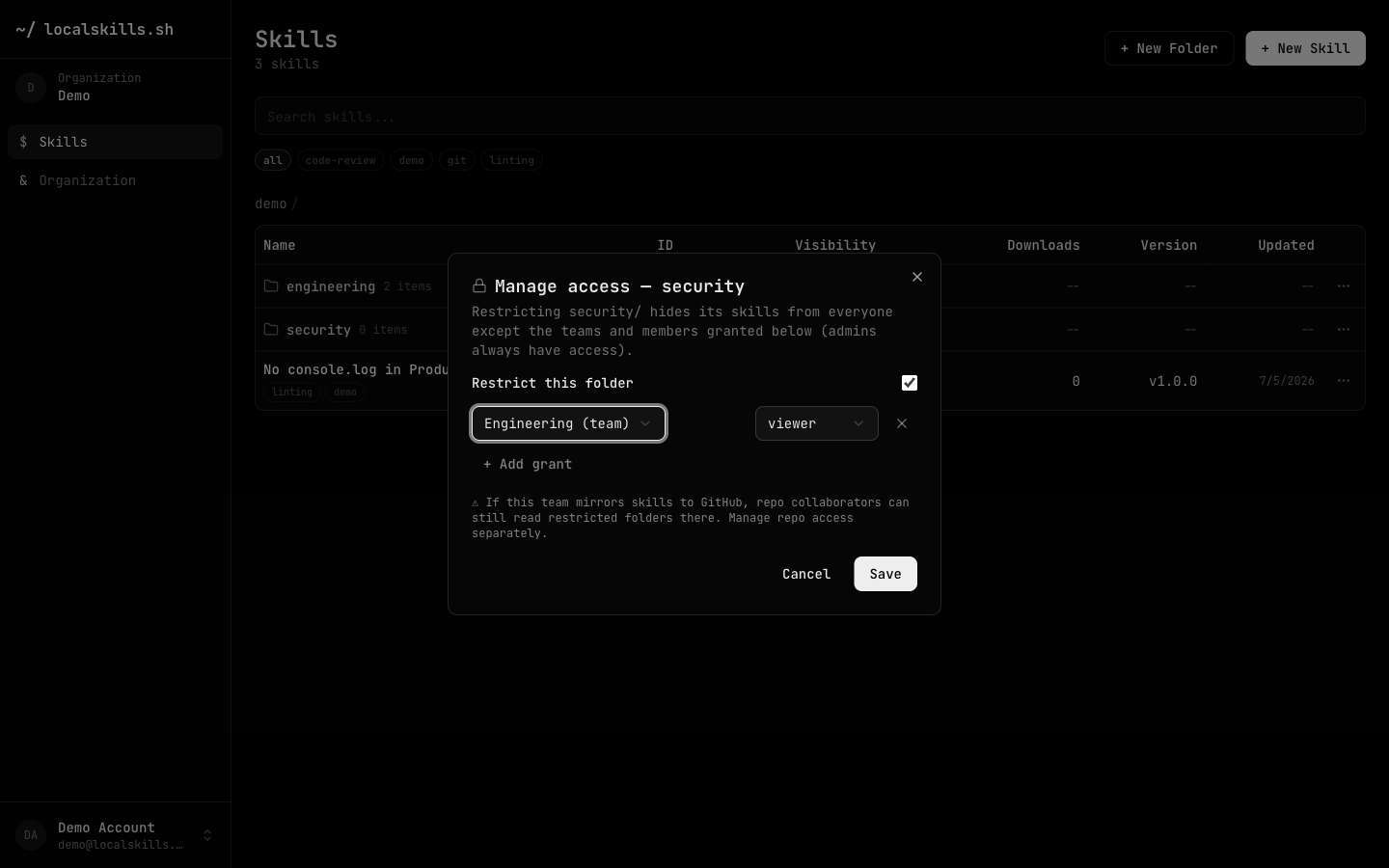 The Manage access dialog for a folder with the restriction toggle enabled and a viewer grant for the Engineering team
