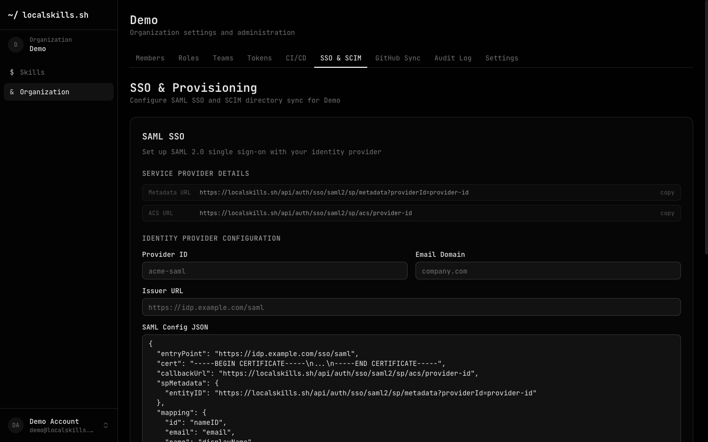 The SSO & SCIM tab showing service provider details, identity provider configuration, domain verification, and SCIM sections