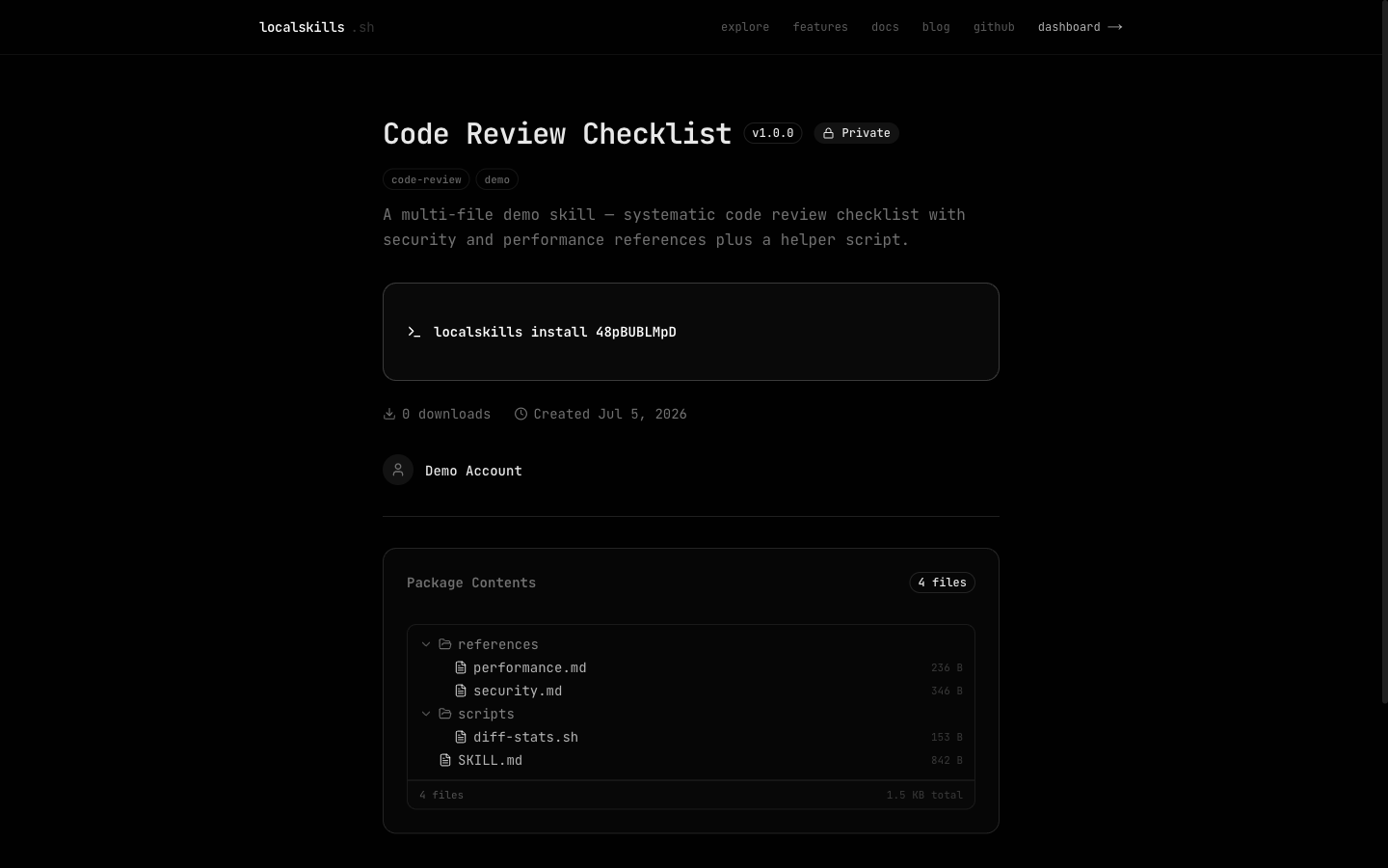 A package skill page showing the file tree with references, scripts, and SKILL.md