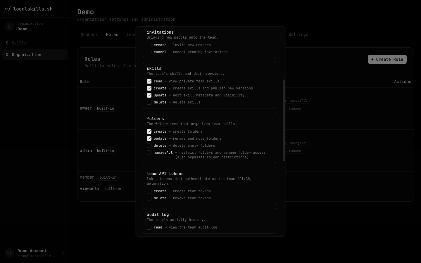 The Create Role dialog with a skill-publisher name and permission checkboxes for skills and folders