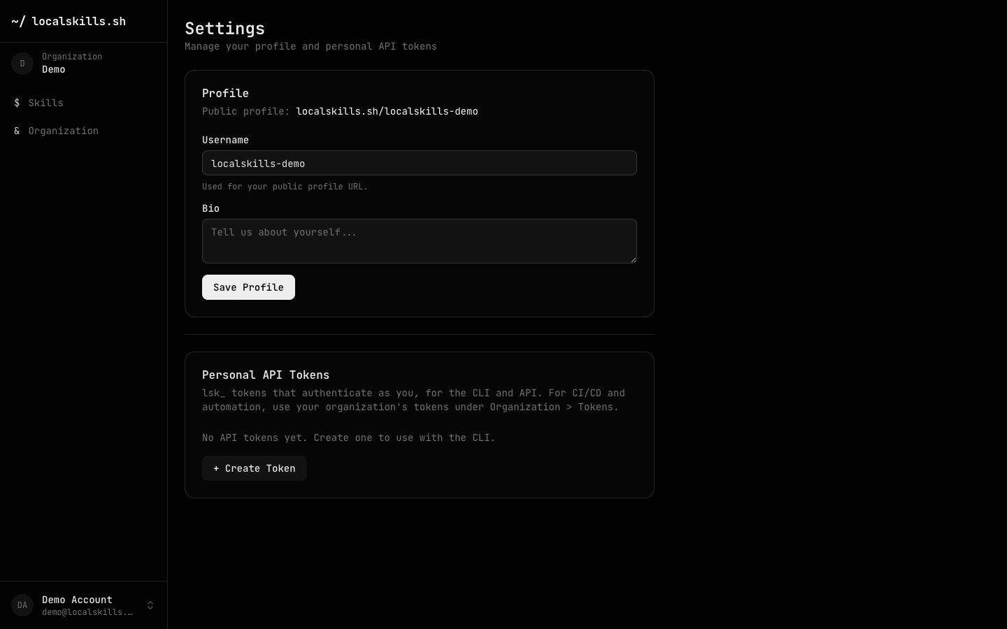 The personal Settings page with profile fields and the Personal API Tokens section