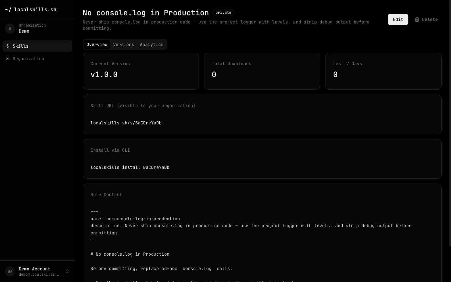 A skill's dashboard page showing the current version, download stats, share URL, install command, and content