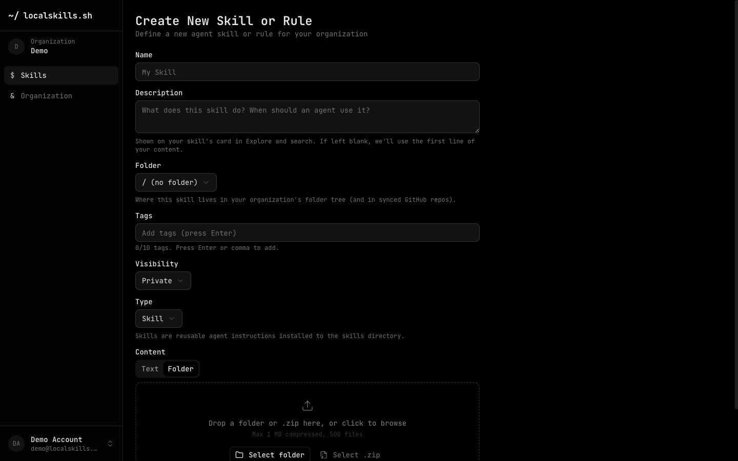 The New Skill page with the Folder tab selected, showing a drop zone for folders and zip files